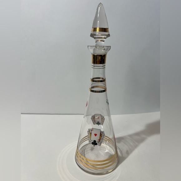 VTG Glass Carafe W/ Stopper Decanter Poker Cards Gold Accents MCM - Picture 3 of 12